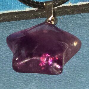 Purple Fluorite Star Pendent, Black Corded Necklace